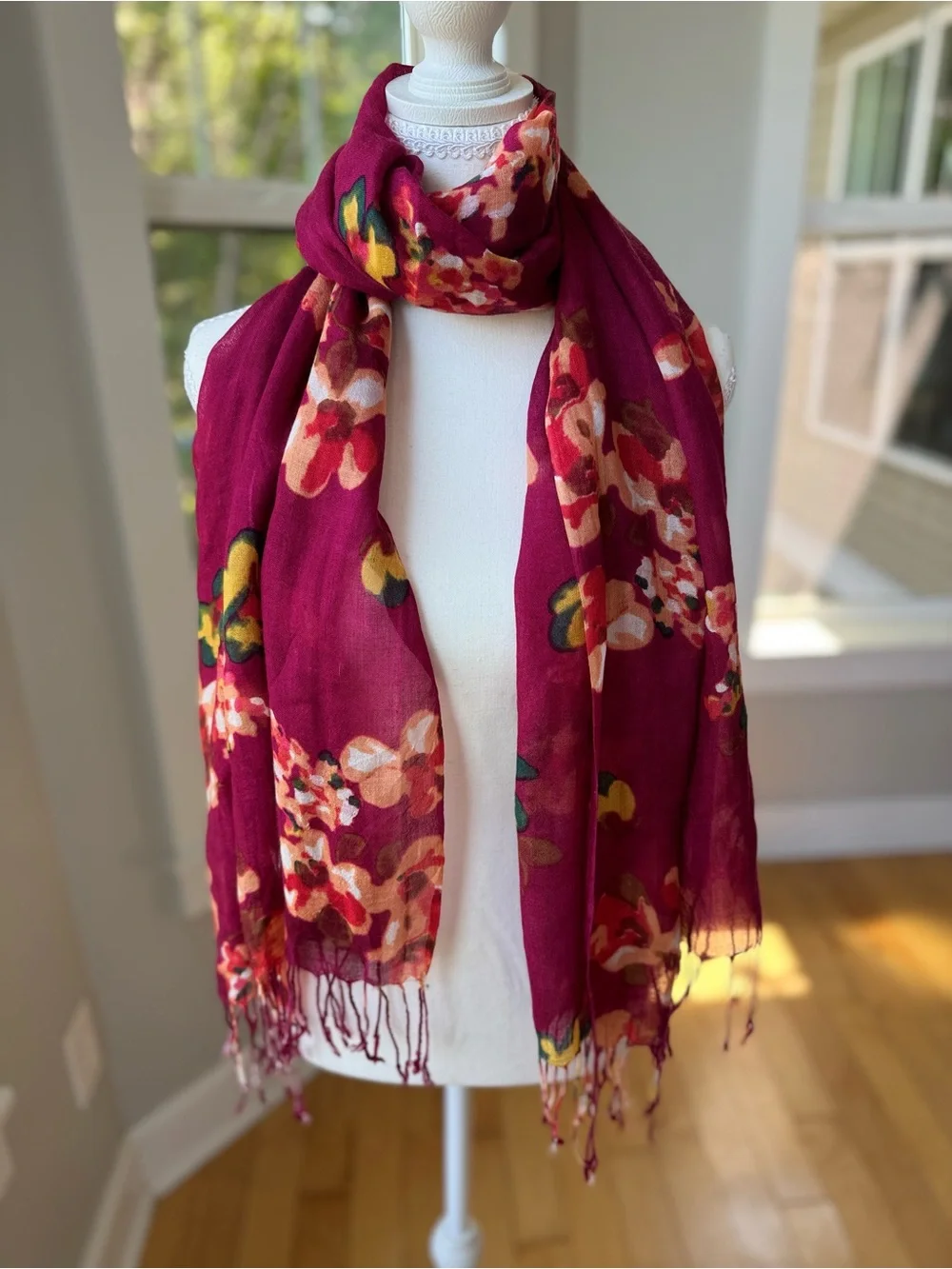 Vintage Burgundy Floral Lightweight Rectangle Scarf with Fringe